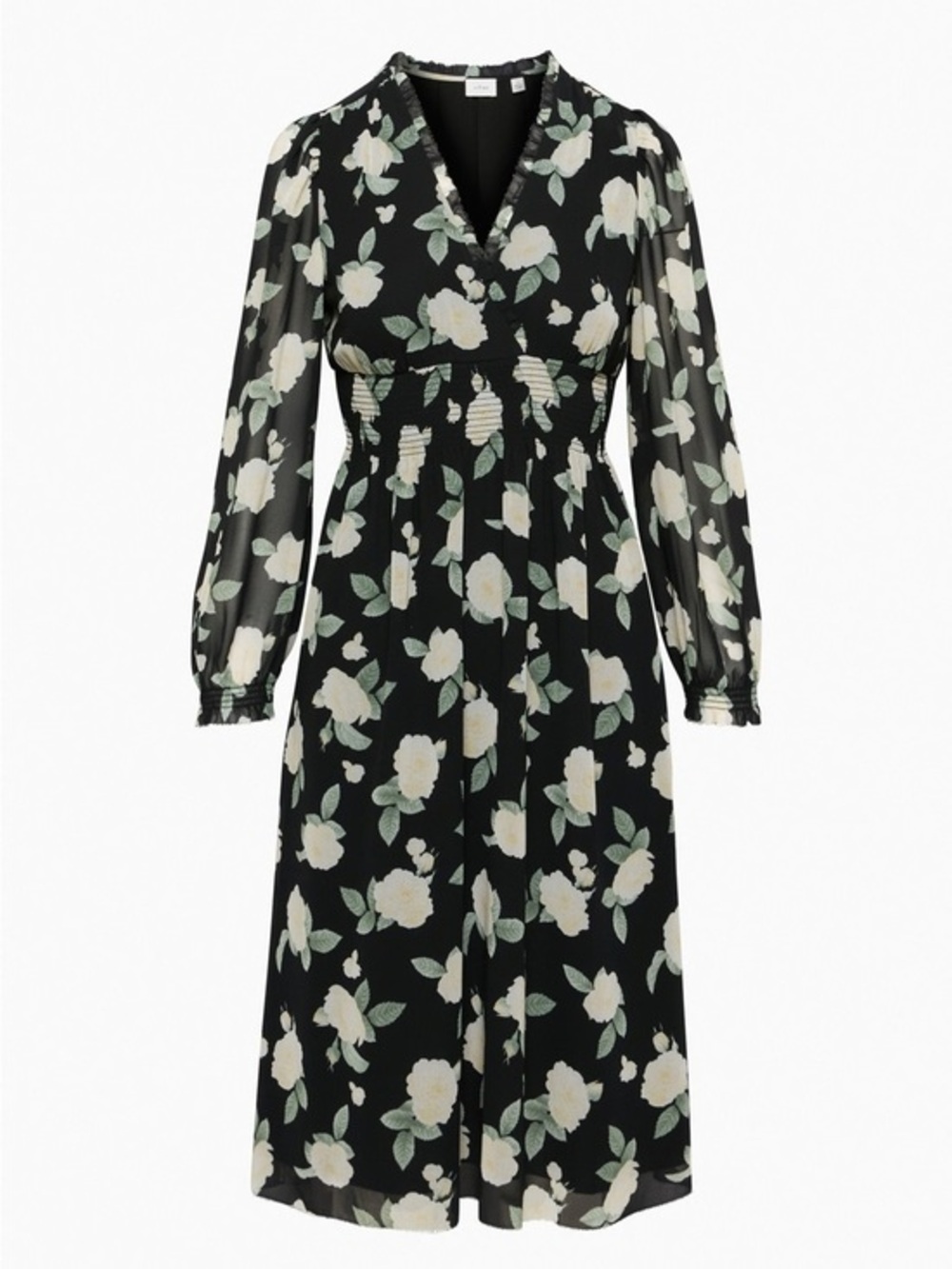 Wilfred Aritzia Floral Faraway Smocked Chiffon Midi Dress Black White Size M